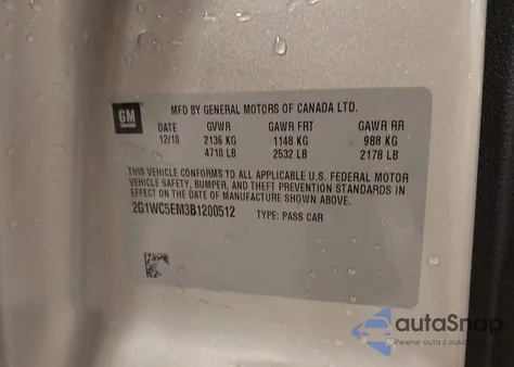 2011 Chevrolet Impala Ltz z USA, uszkodzony, nr VIN 2G1WC5EM3B1200512